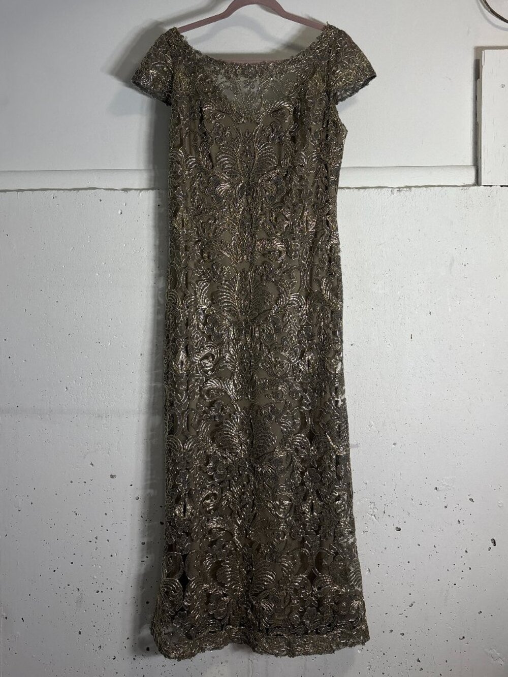 Tadashi Shoji Metallic Gold Embellished Maxi Dress